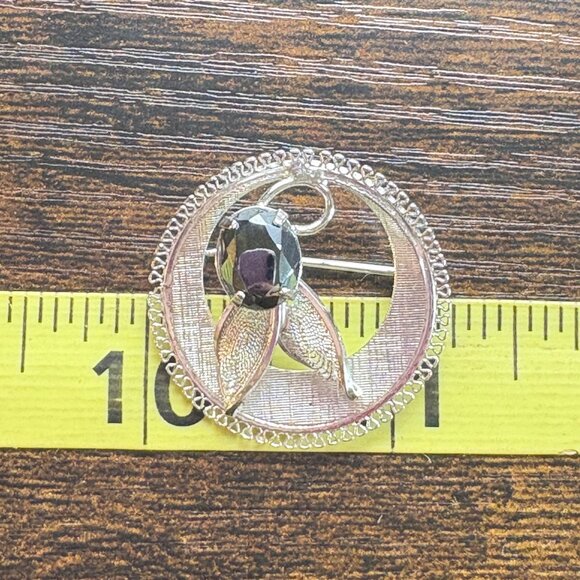 VTG Sterling SIlver 925 Hematite Flower Design Circle Brooch Size 1" Diameter - Picture 12 of 12